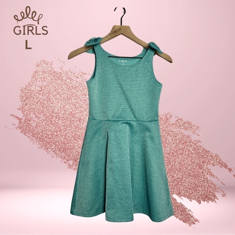 Kidpik Glitter Teal Dress With Bows - L